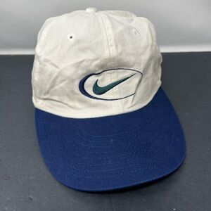 VTG 90s Nike Oval White Navy Blue Retro Cotton Unisex Bungee Strap Dad Cap Hat